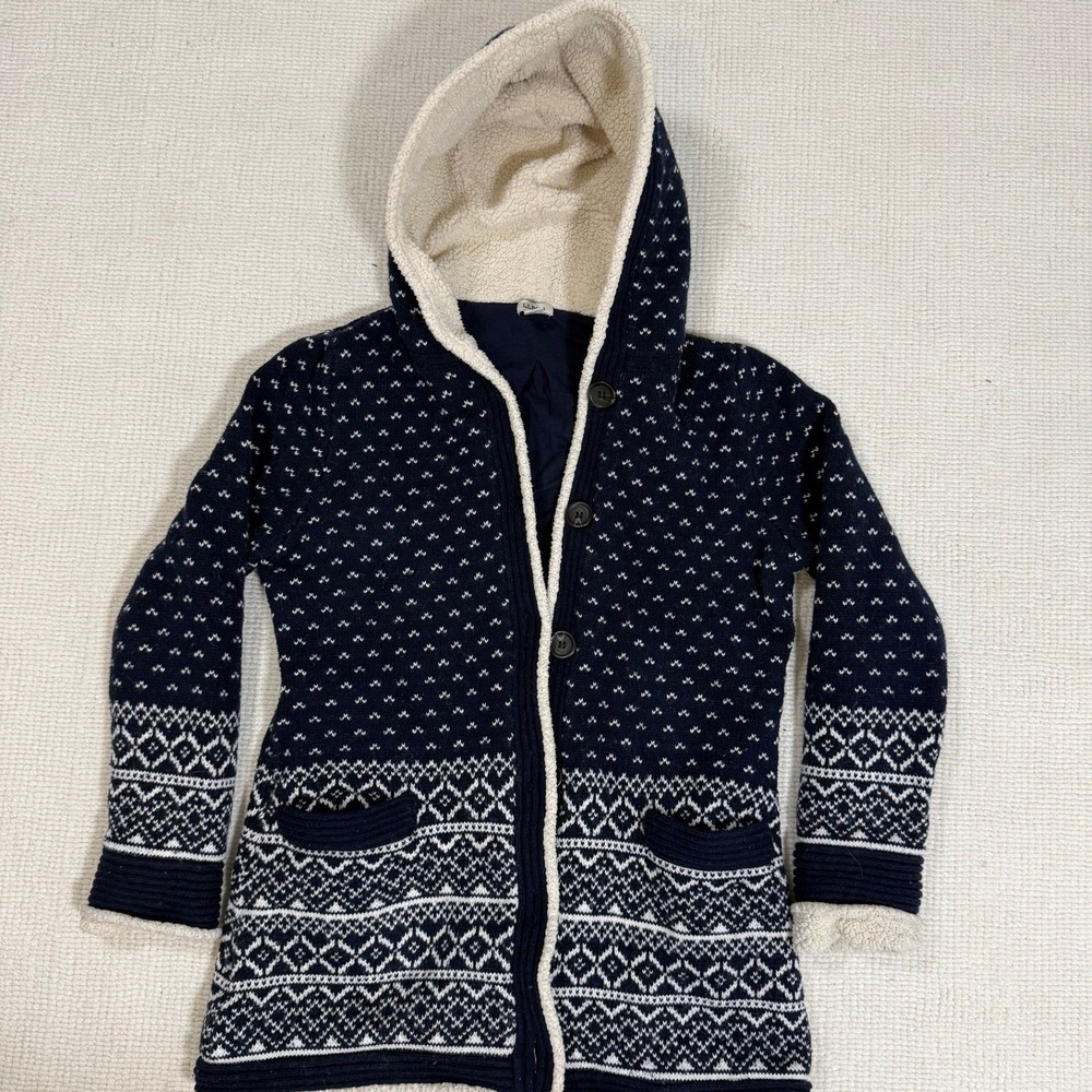 LL Bean Womens Medium Navy‎ Blue Fair Isle Sherpa Lined Hooded Cardigan Sweater